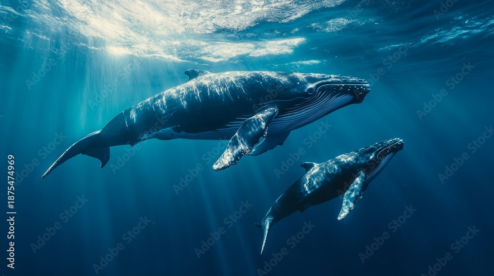 Naklejka premium Humpback whales swimming with calf underwater scene marine life ocean environment close-up view nature's majesty