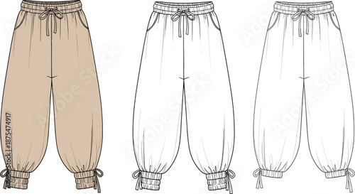 Women loose jogger pants illustration set isolated on white background casual fashion drawstring trousers clothing design vector sketch collection