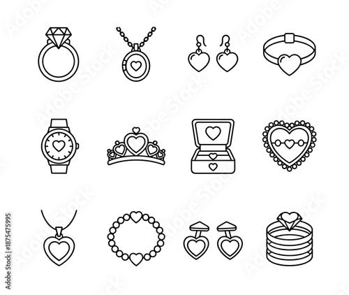 Jewelry heart motif line icons set
