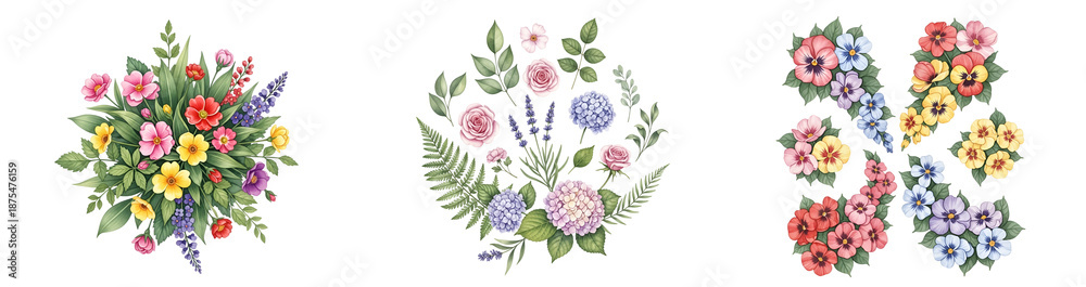 Obraz premium Three colorful floral arrangements on transparent background
