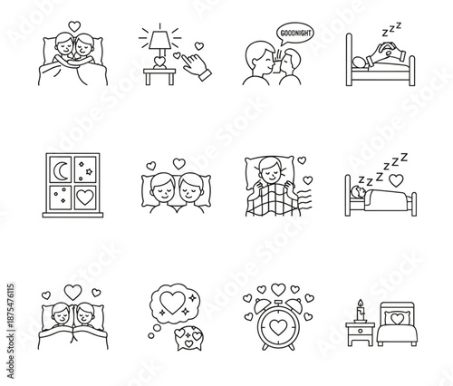 Sleep and bedtime romance line icons set