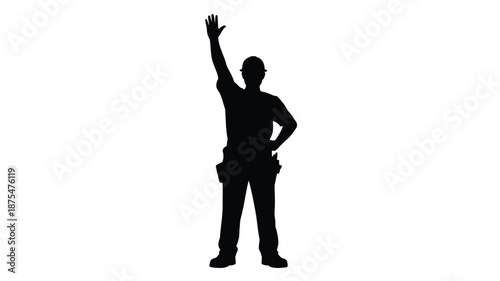 Confident construction worker waving in hard hat and tool belt
