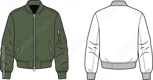 Olive green bomber jacket technical fashion flat sketch, front and back view vector template, MA-1 flight jacket technical drawing set,