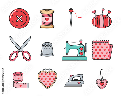 Sewing and crafting heart-themed icons collection