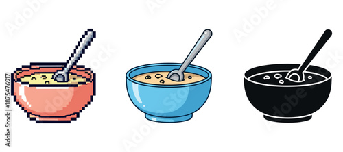 Triple style cereal bowls with spoons: pixel, modern, and silhouette designs
