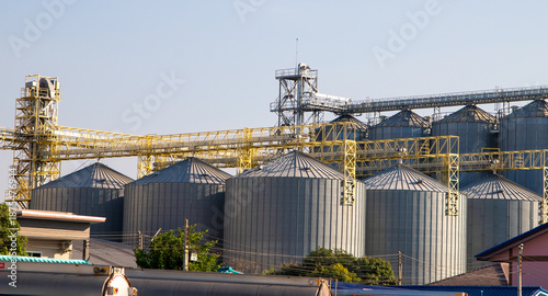 Billede på lærred Steel grain storage silos with a conical bottom can be used for various purposes