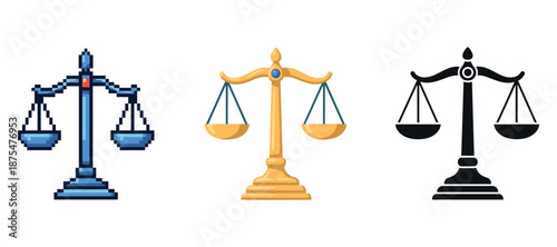 Three diverse scales of justice designs: pixelated, gold, and silhouette variations