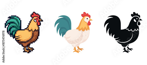 Pixelated, colorful, and silhouette rooster illustrations on white background