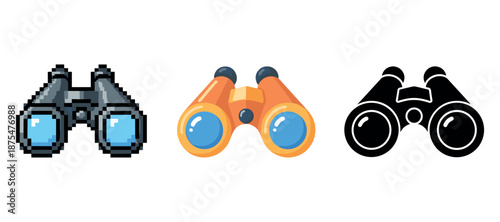 Set of three binoculars: pixel art, cartoon, and silhouette styles