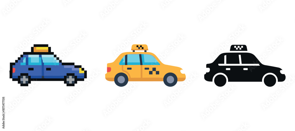 Fototapeta premium Variety of taxi icons: pixel art, flat design, silhouette taxi illustrations