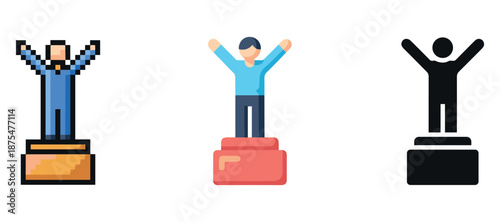 Three victory podium icons: pixel art, flat design, minimalist silhouette