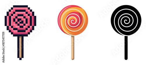 Pixelated, swirled, and silhouette lollipop designs on sticks