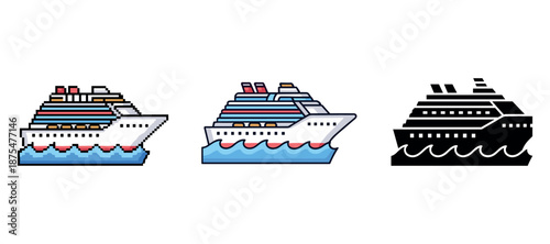 Pixel art cruise ships: colorful and black silhouette variations