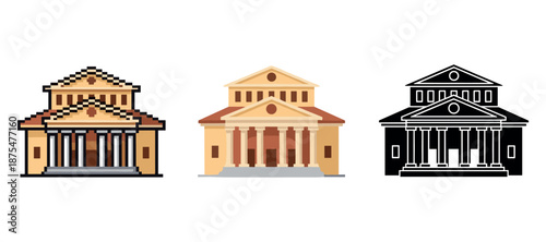 Pixelated, flat, and silhouette versions of classical building with columns