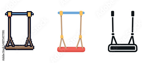 Tri-style playground swings: pixel, flat, and outline designs