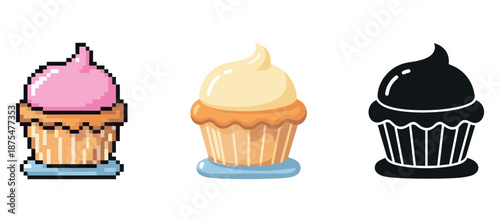 Colorful cupcake icons: pixel art, vector style, and silhouette design