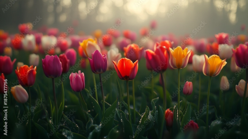 Fototapeta premium Vibrant tulip blooming event in a serene dutch garden nature photography early morning light colorful floral display