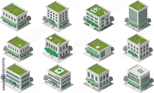 Isometric green city buildings collection isolated on white background eco friendly architecture healthcare retail office urban illustration set