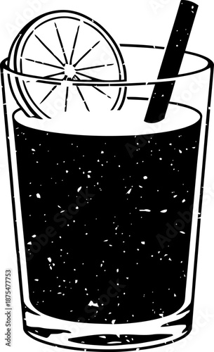 Glass of citrus drink with straw and lemon slice illustration in black and white