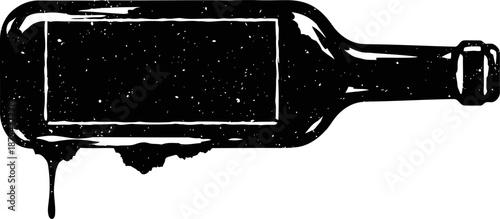 Black wine bottle silhouette with dripping liquid on white background