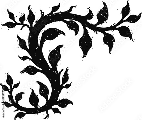 black ornamental floral corner design with leaves and vines, vintage decorative element for borders