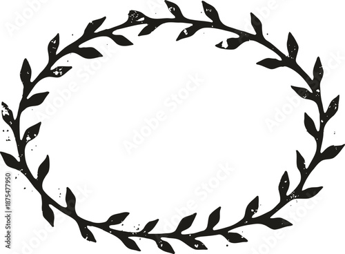 Oval laurel wreath with leaves and grunge texture, vintage botanical frame design element