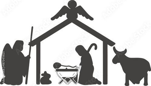 Continuous line drawing of a nativity scene featuring key figures from the birth of Jesus.