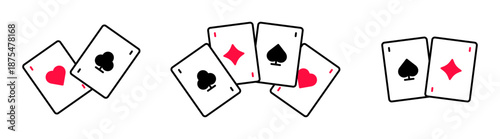 Playing card icon set. Gambling, card game, casino, poker concept. Hearts, spades, diamonds, clubs cards. Red, black and white sign, symbol. Editable stroke. Vector illustration. Flat design.