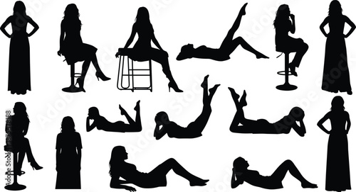 Female silhouettes vector set showing elegant women poses sitting, standing, and reclining, black fashion model shadow figures isolated on white background