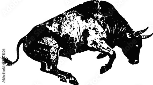 Black and white illustration of a jumping bull with dynamic posture and visible horns
