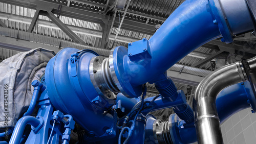 Photos Large  piston gas engine electric generator with many valves and pipes