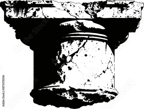 Ancient broken stone column base with cracks and weathered worn texture