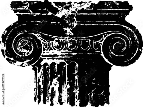 Ancient ionic column capital with volutes and fluted shaft detail in black and white illustration