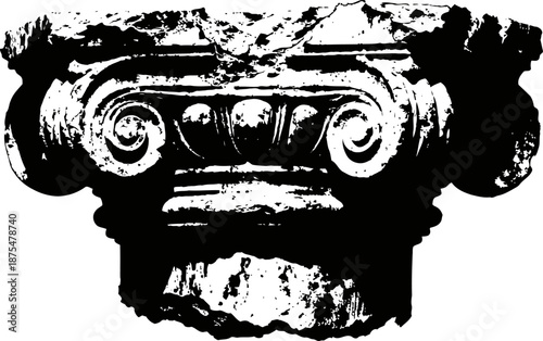 Classical ionic column capital in black and white with detailed volutes and fluted design