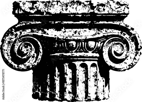 Ancient ionic column capital with volutes and fluted shaft in black and white sketch