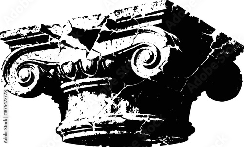 Ancient cracked ionic column capital with decorative volutes and fluted details