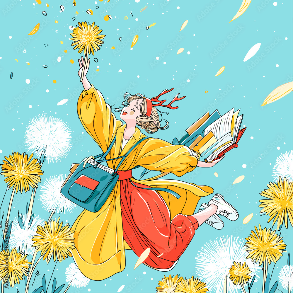 Fototapeta premium Joyful girl celebrating spring with flowers and books