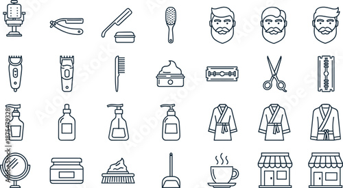 Barbershop icons vector set showing grooming tools, hair care products, beard styles, salon equipment and storefront illustrations in clean line style