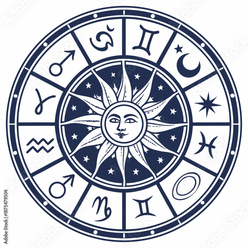 Celestial Astrology Zodiac Wheel with Sun and Moon Signs