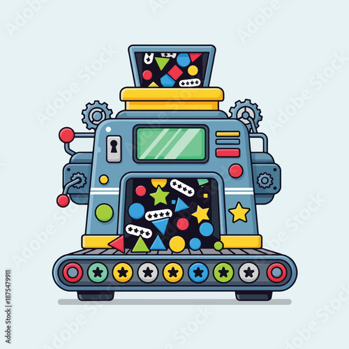Colorful cartoon robot with screen.