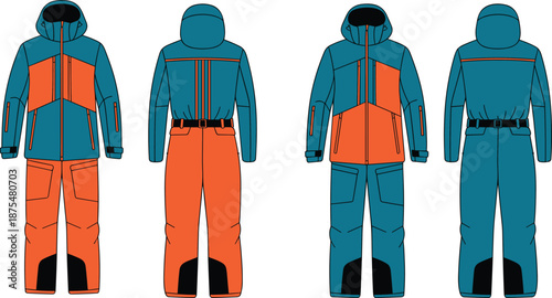 Vector Illustration of Technical Winter Ski Suits in Teal and Orange Featuring Hooded Jackets Professional Alpine Gear and Outdoor Sportswear (20 words)