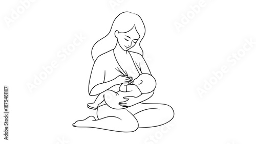 Flat vector illustration of breastfeeding mother feeding her baby, maternal care concept, soft pastel tones, minimal flat design, smooth shapes, isolated on white background, vector art