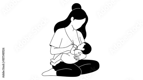 Flat vector illustration of breastfeeding mother feeding her baby, maternal care concept, soft pastel tones, minimal flat design, smooth shapes, isolated on white background, vector art