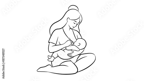 Flat vector illustration of breastfeeding mother feeding her baby, maternal care concept, soft pastel tones, minimal flat design, smooth shapes, isolated on white background, vector art