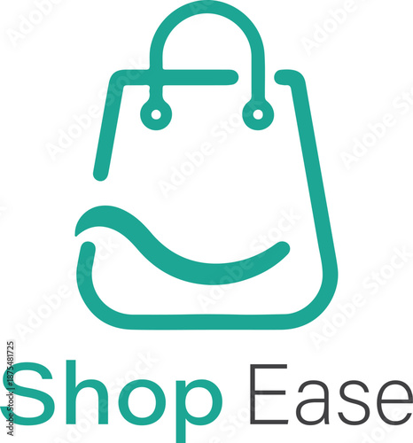 Minimalist teal shopping bag icon with a subtle smile and the text shop ease, representing convenience