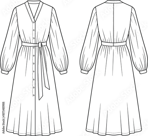 Vector technical sketch of a long sleeve midi dress with front and back views for fashion design development purposes,