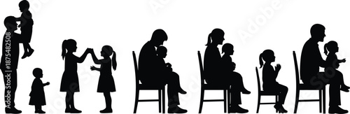 Silhouettes of adult and child interactions, caregiving and bonding sequence, black and white graphic, transparent background, parenting and development illustration