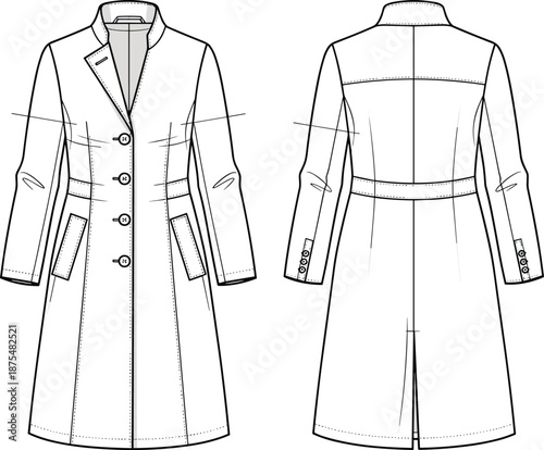 Women long coat cad drawing, flat vector illustration with front and back view, tailored fashion outerwear technical design, classic apparel garment outline
