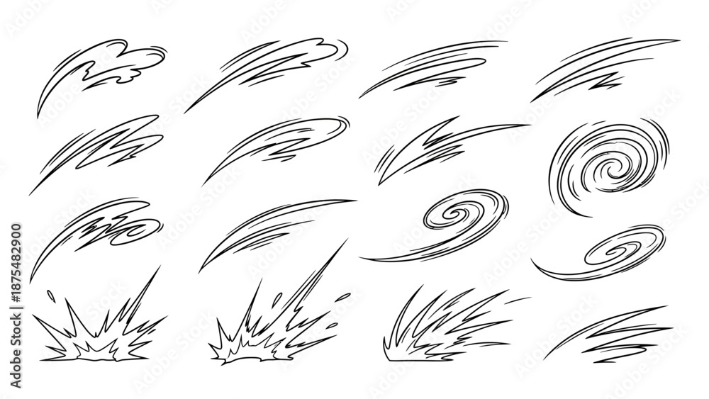 Fototapeta premium Dynamic illustrations of various wind effects and motion blur showcasing different swirling patterns and abstract designs