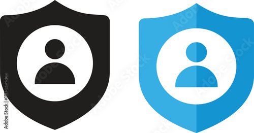 User account protection icon set showing security shields in black and blue colors